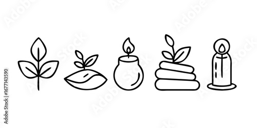 Vector art of spa and wellness elements a harmonious collection of candle, leaf, plant, and stone icons for relaxation, therapy, and natural beauty treatments