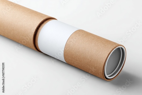 A light brown cardboard tube, likely for a poster or print, with a white label inside.  The tube is open at both ends and angled