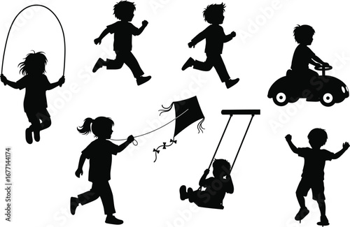 Children outdoor activities, physical play, skipping rope, flying kite, roller skating, toy car riding, swing fun, running kids, silhouette style, active lifestyle