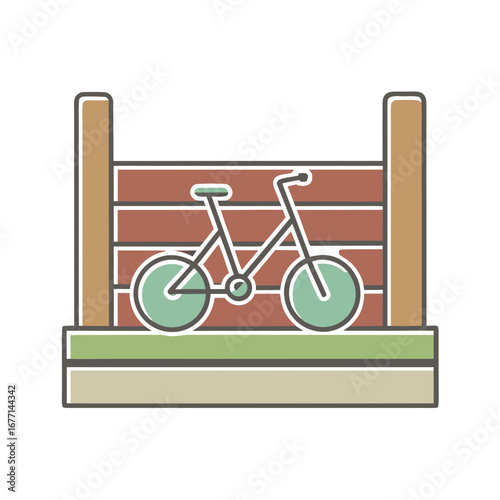Illustration of a bicycle parked against a wooden fence design  