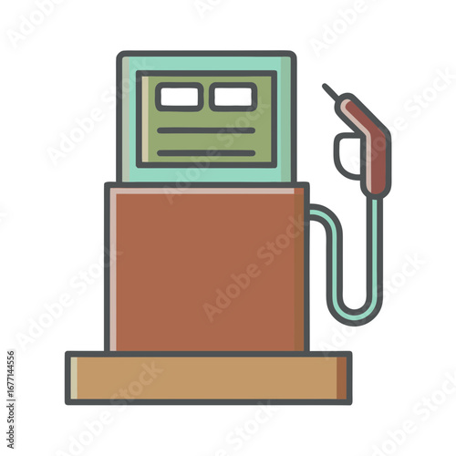 Vintage fuel pump illustration with hose and nozzle on white background  