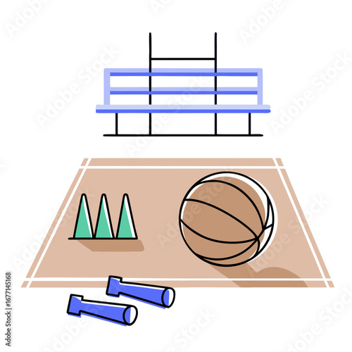 Basketball equipment and training cones on gym floor layout  