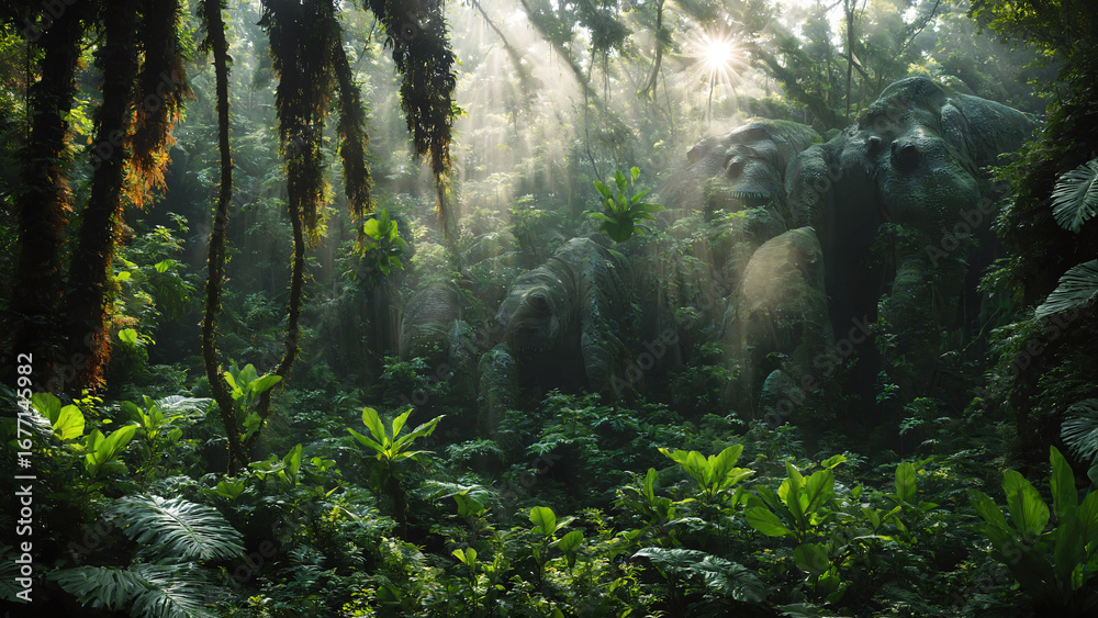 Obraz premium Dense Jungle Sunlight Rays Tropical Forest