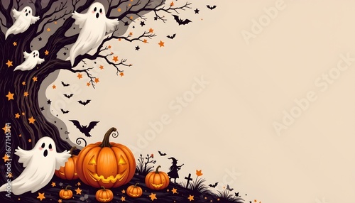This is an illustration showcasing Halloween night with elements typical of the holiday. It features a whimsical scene with a tree adorned with Halloween decorations that include bats and pumpkins