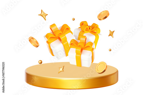 3d white gift box with yellow ribbon and flying gold coins, stars and balls on podium. Stock vector illustration on isolated background.	