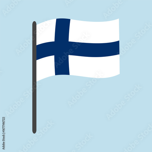 Flag of Finland. Vector illustration of the Finnish flag in flat style. Waving flag. Single isolated object on blue background. Suitable for stickers, emblem etc.