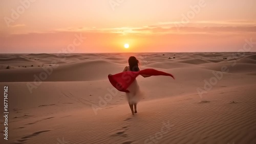 Woman in flowing dress dances at sunset in desert sands