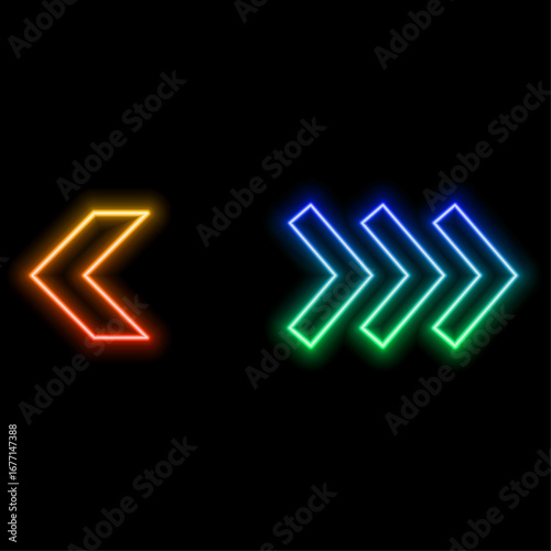 Neon arrow with reflection on the glowing floor.
