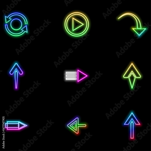 Neon arrows icon set. Arrow vector collection. neon style.. Collect different arrow signs. Arrows icons. Collection of arrows vector illustrations.