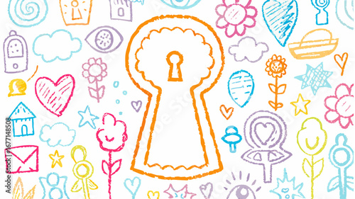 Hand drawn keyhole with flower and heart doodles scattered on a white background in pastel colors