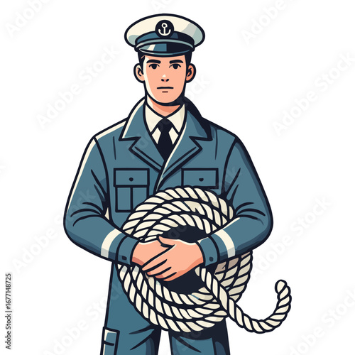 Illustration of Nautical Officer Holding a Rope Wearing Uniform and Hat