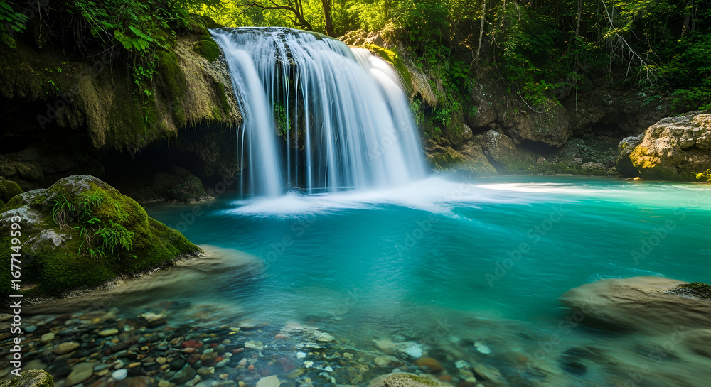 Obraz premium Tranquil Landscape Waterfall Cascading into Crystal Clear Turquoise Stream Nature