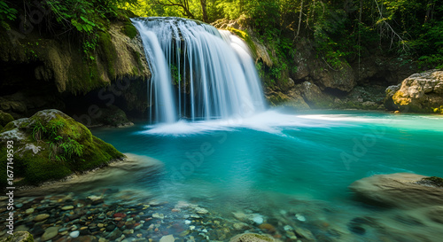 Tranquil Landscape Waterfall Cascading into Crystal Clear Turquoise Stream Nature