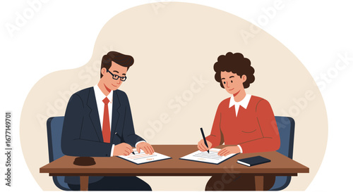 A man and woman signing a contract, negotiating business, closing a deal