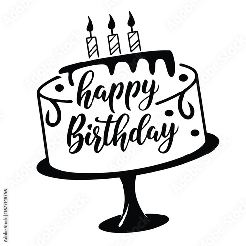 A birthday cake with candles and the words 'Happy Birthday' written on it.