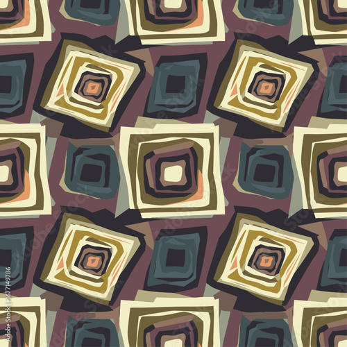 An elegant seamless abstract pattern features hand-drawn, nested geometric shapes in a harmonious blend of muted earthy tones, perfect for modern design.