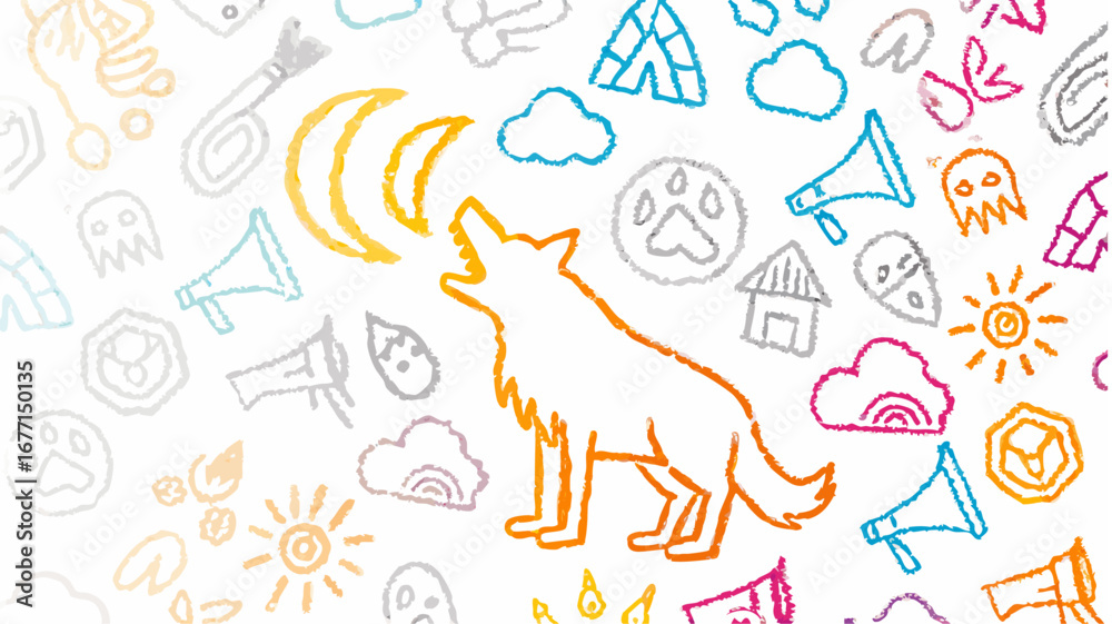 Obraz premium Illustration featuring a howling wolf under a crescent moon surrounded by various doodle elements