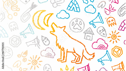 Illustration featuring a howling wolf under a crescent moon surrounded by various doodle elements