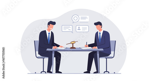 Business agreement negotiations, two people in suits signing a contract concept