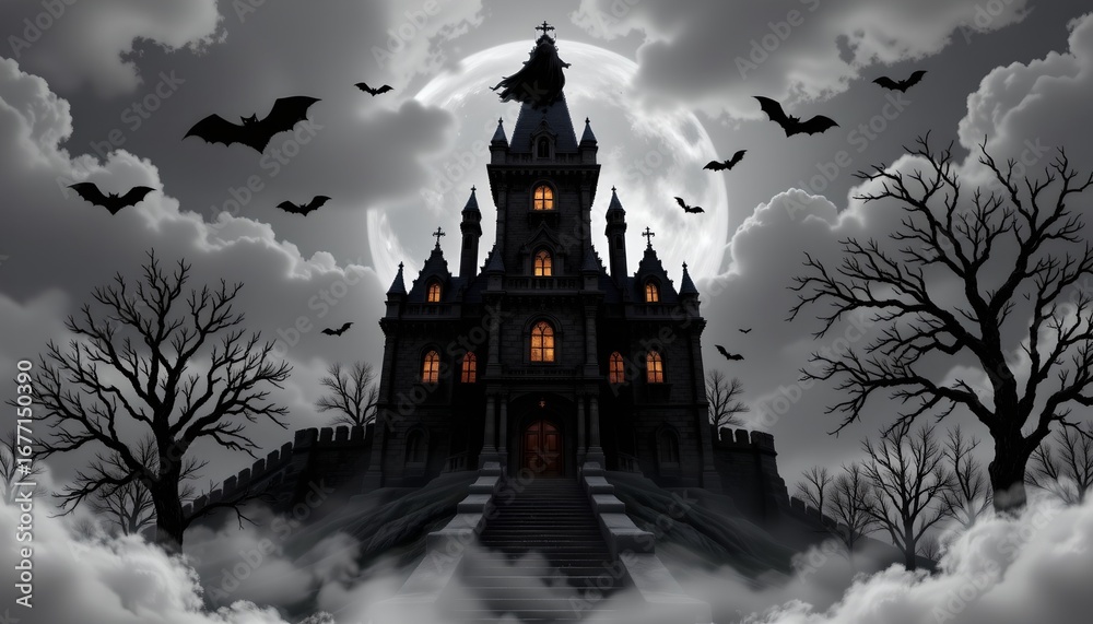 Fototapeta premium A spooky Halloween themed scene features a large gothic castle bathed in moonlight amidst a thick fog