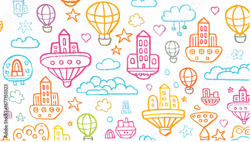 Whimsical seamless pattern featuring hand drawn flying cities hot air balloons clouds and stars in pastel colors