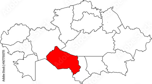 A detailed map of Kazakhstan highlighting the Kyzylorda Region (Qyzylorda Oblysy). Ideal for showcasing business projects, geographical data of the Syr Darya Valley, or historical studies.

