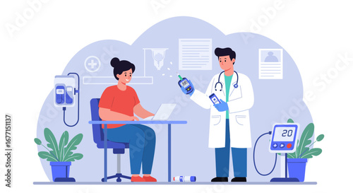 Illustration Depicting a Doctor Checking Patient's Glucose Levels in a Medical Setting