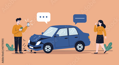 Illustration of a car accident with concerned individuals and communication bubbles