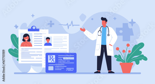 Illustration of a doctor explaining patient data and prescription information