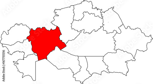 A detailed map of Kazakhstan highlighting the Aktobe Region. Ideal for showcasing the country's economic and industrial potential, cross-border trade with Russia, and geographical studies.

