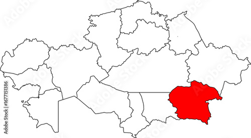 A detailed map of Kazakhstan highlighting the Almaty Region (Almaty Oblysy). Perfect for showcasing regional tourism, economic data, or geographical studies of the country's southeastern part.

