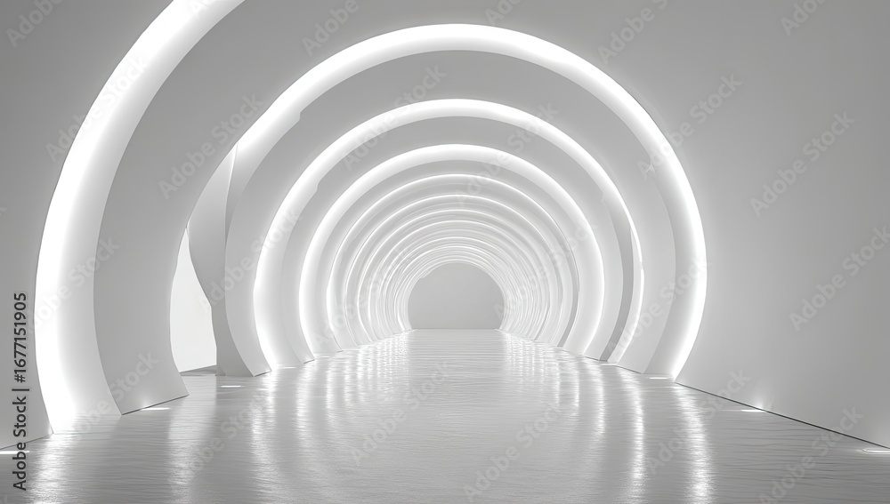 Fototapeta premium Empty white tunnel, glowing arches, smooth surfaces