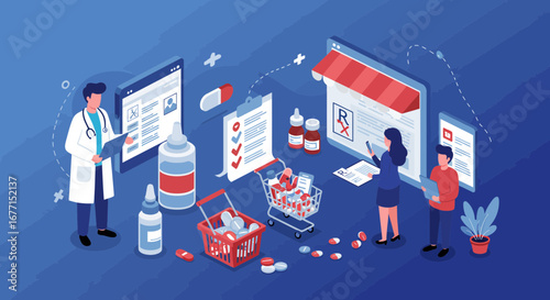 Isometric vector illustration of online pharmacy and healthcare services concept
