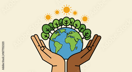 Multicultural hands holding a Earth with trees and shining suns illustration