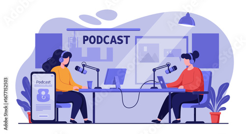 Podcast recording illustration with two hosts, microphones, and computer setup