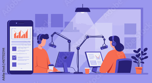 Podcast recording setup featuring hosts, microphones, computers, and phone illustration