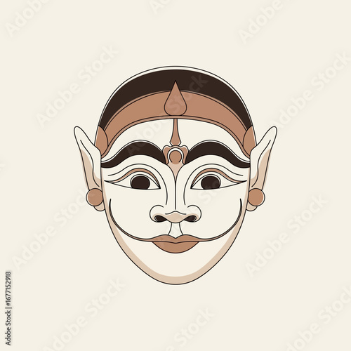 Elegant Handdrawn Javanese Wayang Topeng Mask Illustration with Earthy Tones