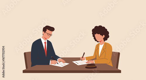 Signing the contract: A man and woman in business attire finalizing a deal