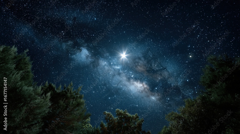 Fototapeta premium Majestic night sky filled with stars and the Milky Way, framed by dark, lush trees.