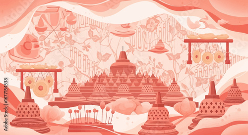 Minimalist Borobudur Temple with Gong and Batik Ornament Landscape Illustration