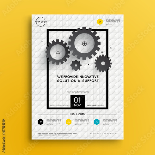 Innovative Solution & Support Vector Flyer or Poster Design Template with Abstract Gears, Geometric Pattern, and Modern Corporate Layout