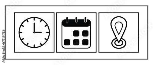 Time Date Location Icons Set Vector Illustration. Modern Clock Calendar Map Pin Symbols for Scheduling, Appointments, Events, Business Address and Global Navigation Design Elements.
