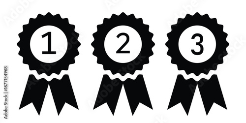 Award Ribbons Vector Set: 1st, 2nd, 3rd Place Rosettes and Medals with Ribbons for Competition Winners, Achievements, Prizes & Recognition – Black and White Isolated Icons