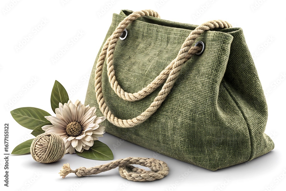 Fototapeta premium Textured green tote bag with rope handles and floral embellishments