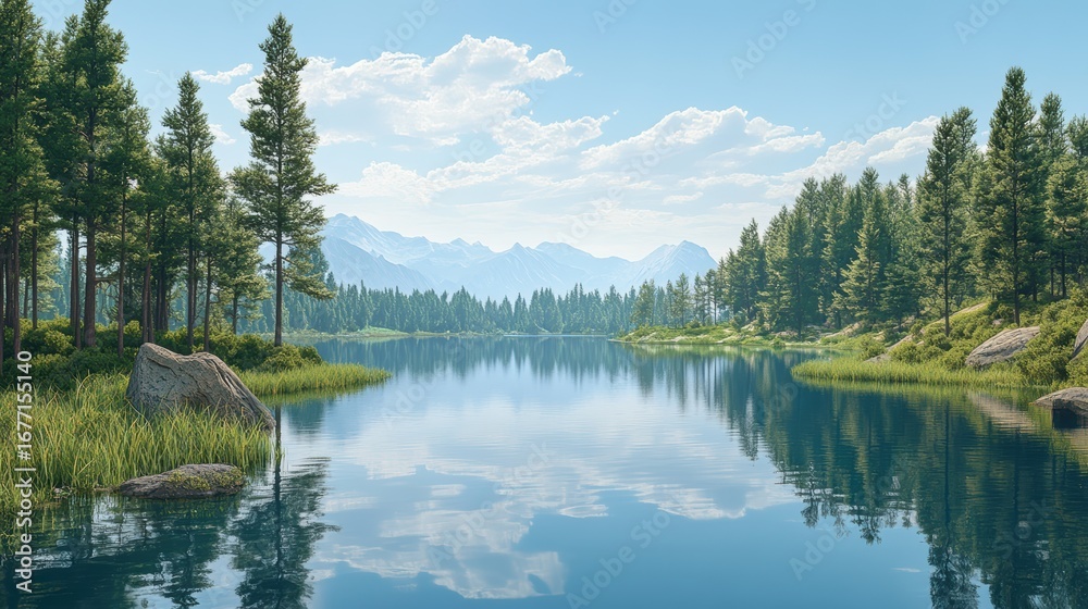 Fototapeta premium A serene lake surrounded by lush green trees and mountains under a bright blue sky, reflecting the tranquil scenery.