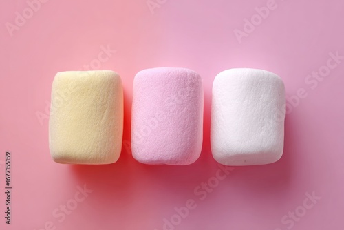 Three pastel-colored marshmallows arranged in a horizontal row against a soft pink background