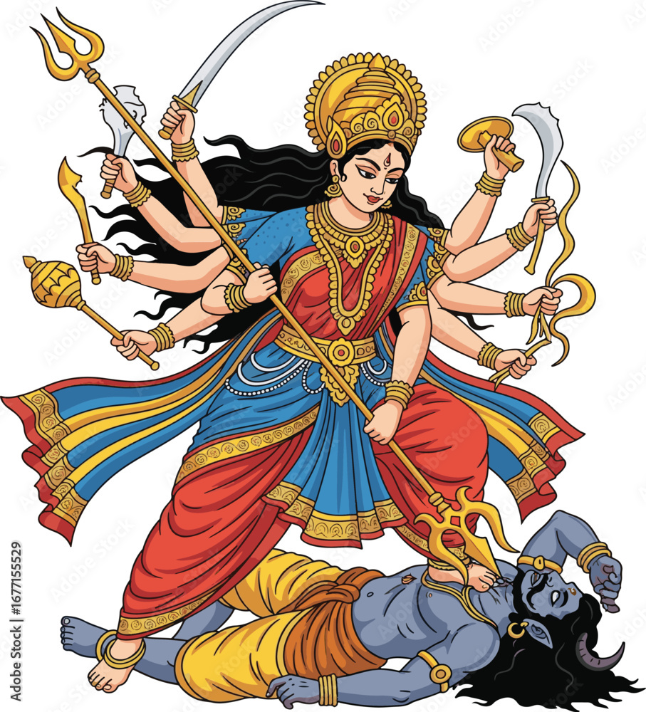 Obraz premium Goddess Durga battling a demon with multiple arms and weapons Hindu goddess Mahishasura