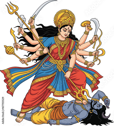 Goddess Durga battling a demon with multiple arms and weapons Hindu goddess Mahishasura