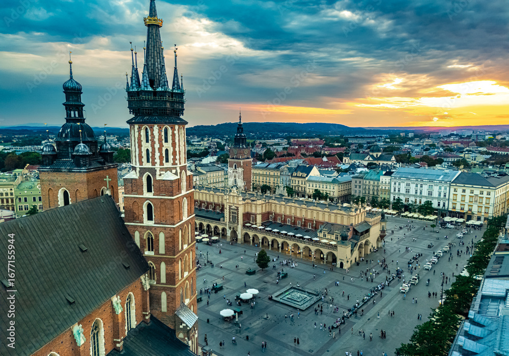 Obraz premium The Main Market Square of the Old Town of Krakow, Poland