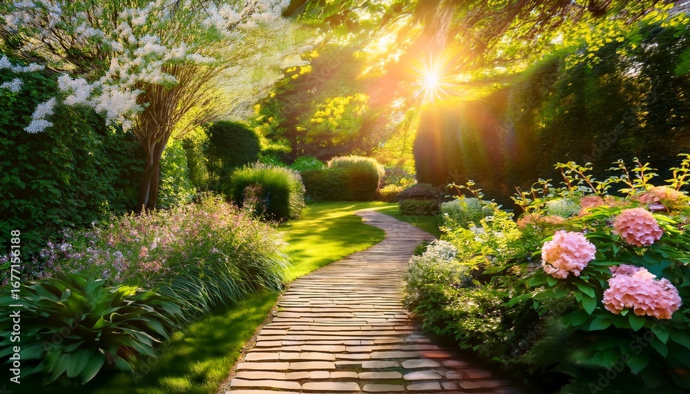 Fototapeta premium sunlit garden path vibrant greens and blossoms